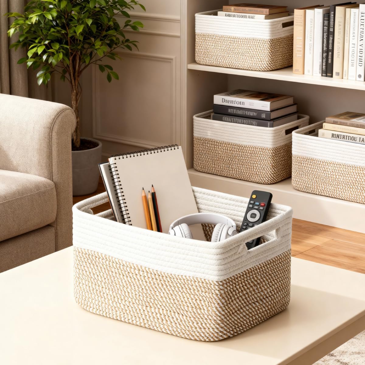 5 Pack Woven Storage Baskets, Decorative Storage Bins for Organizing | 13.8'' × 9.8'' × 7.9'', Cotton Rope Basket Organizer for Closet, Shelves, bathroom, Nursery, Toys, Books, Pantry, Khaki/White - Field & Nook