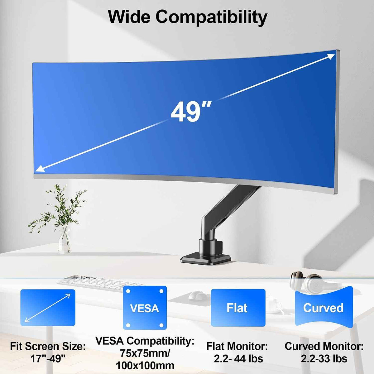 Heavy Duty Monitor Mount for Max 49" Ultrawide Screens | Hold up to 44 lbs, Premium Single Monitor Arm for Samsung Odyssey G9 and More, Adjustable Gas Spring Desk Stand, VESA Mount