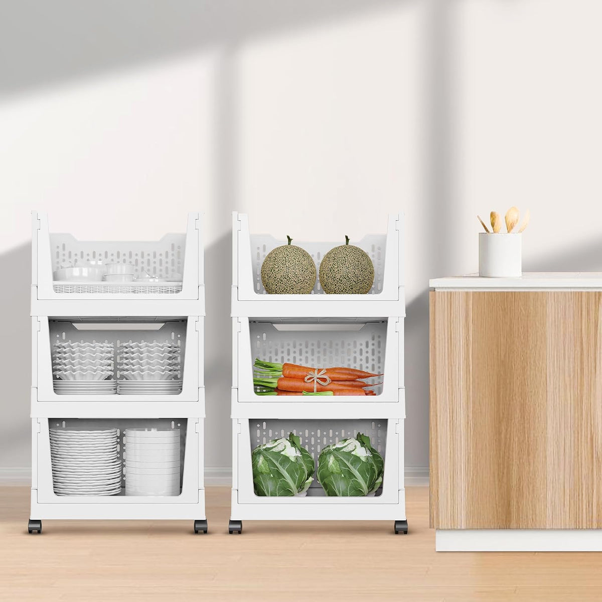 Stackable Storage Bins, Folding Collapsible Closet Organizers and Storage Bins Box, Plastic Shelves Drawer Organizer Container for Closet Office Bedroom Kitchen Bathroom with Wheels, White, 3 Pack - Field & Nook