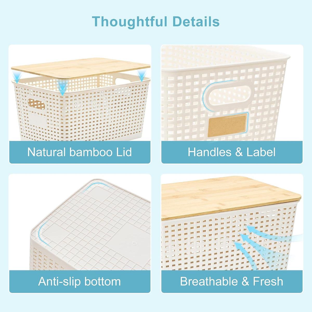 2 Pack Tall Plastic Storage Bins with Bamboo Lids, 10.8qt Stackable Storages Baskets for Organizing Desktop Closet Playroom Classroom Office, 12"L x 8.3"W x 6.1"H, Cream White - Field & Nook