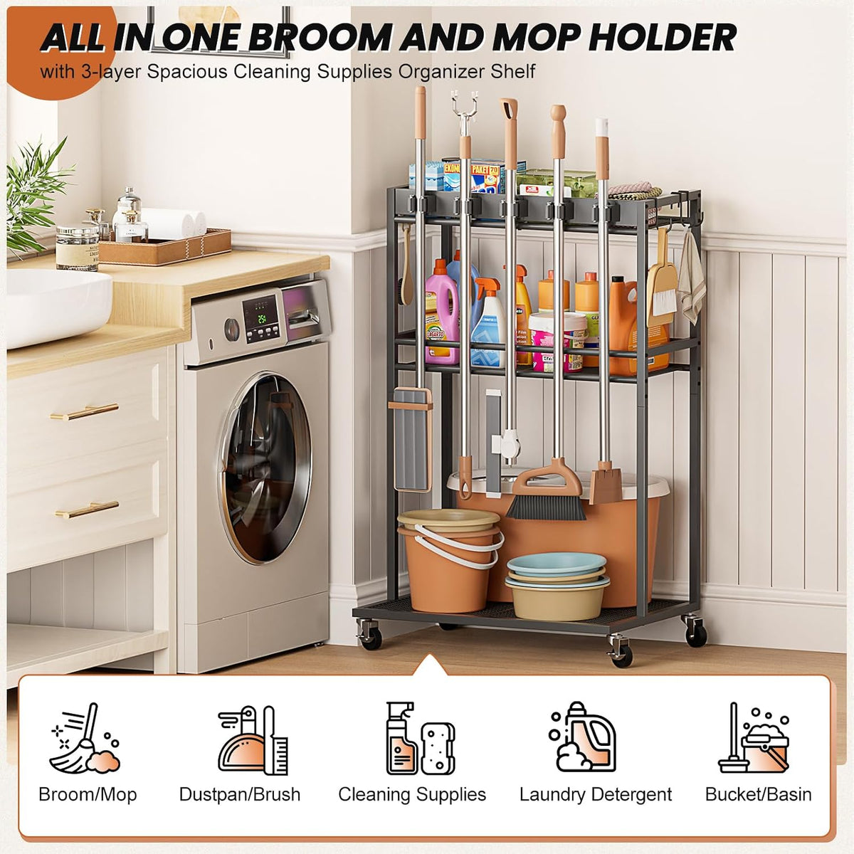 Broom Holder with Cleaning Supplies Organizer, Broom Closet Storage Cabinet with Mop Hanger Gripper Rack Hooks, Cleaning Housekeeping Janitorial Cart with Cleaning Caddy, Laundry Room Organization - Field & Nook