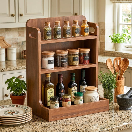 Solid Wood 3-Tier Spice Rack Countertop Organizer Kitchen Storage Shelf - Field & Nook