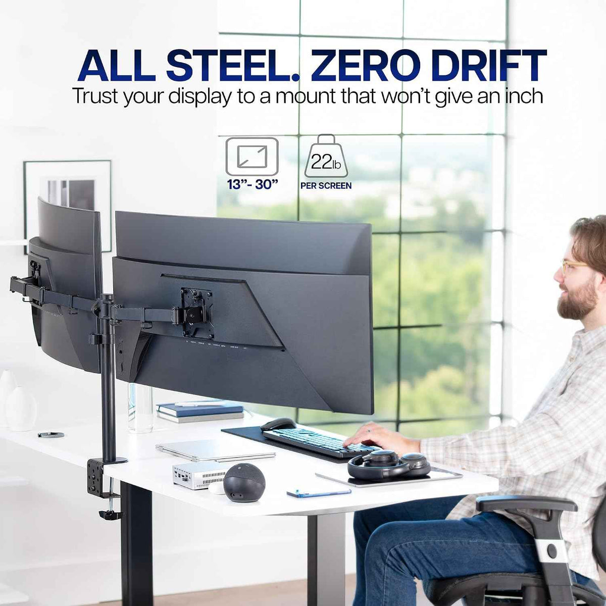VIVO Dual Ultrawide Monitor Desk Mount, Heavy Duty Fully Adjustable Steel Stand, Holds 2 Computer Screens up to 38 inches and Max 22lbs Each, Black, STAND-V038
