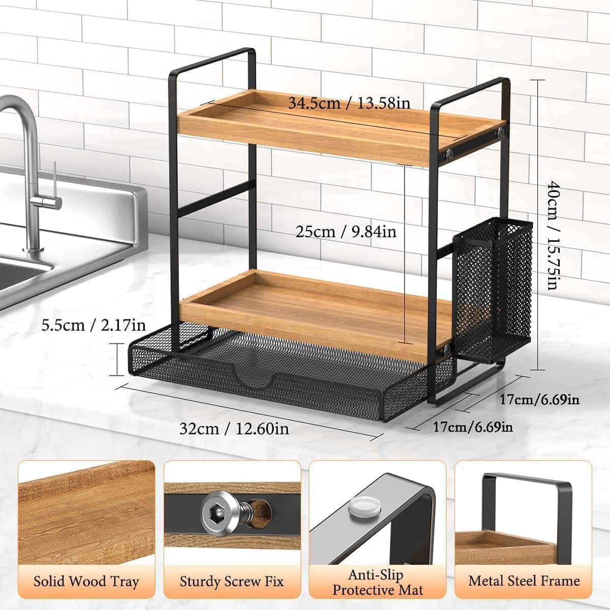 2-Tier Spice Rack Organizer for Countertop with Drawer and Basket - Field & Nook