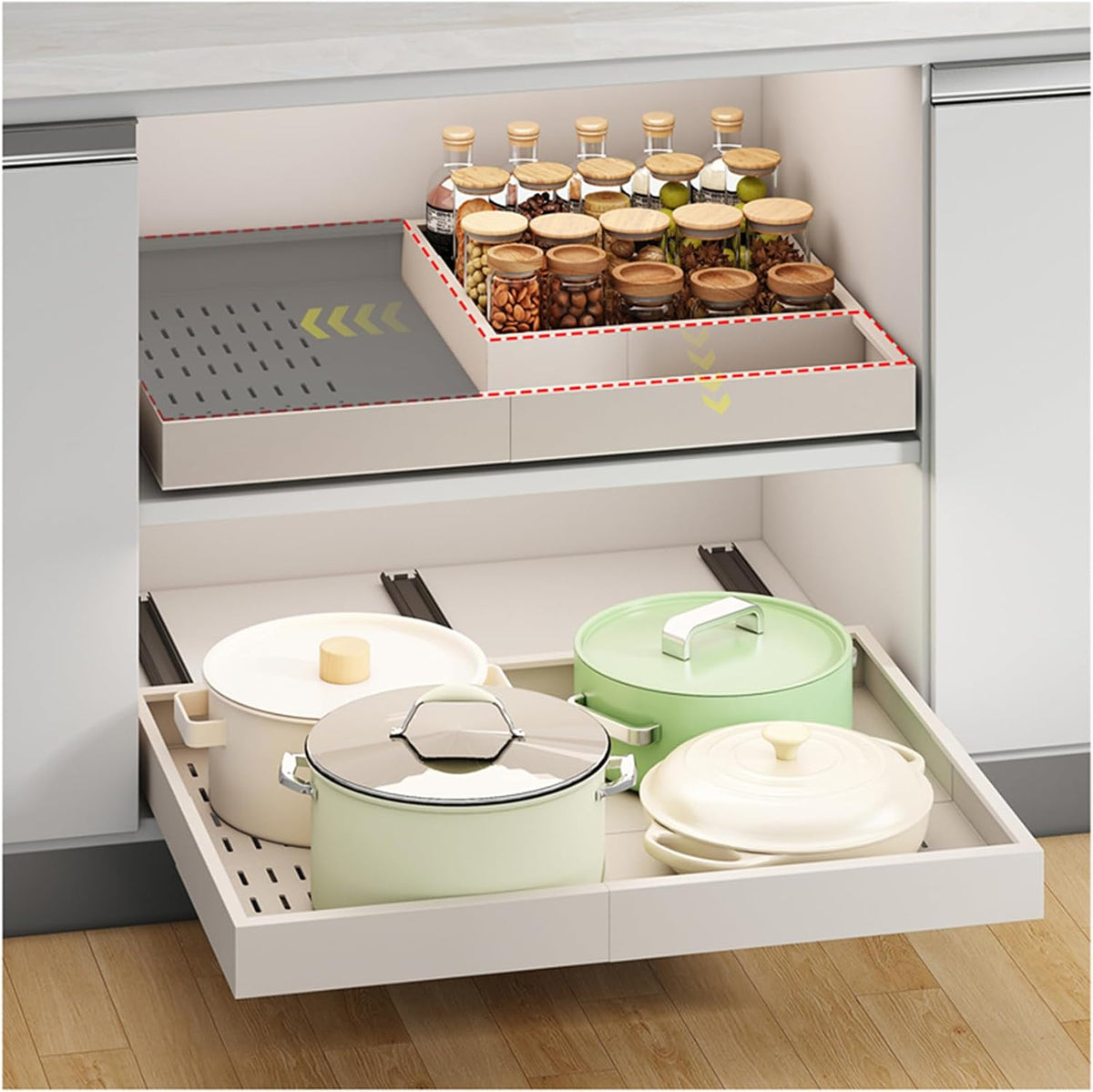 Fokyfok Pull out Cabinet Organizer,16"-21"W,13"-17"D,Expandable,Adhesive | No Drill,3 Rails,Adjustable Slide out Drawers for Kitchen,Pantry,Roll out Shelves,for Cabinets Without Lip,Bathroom,White,1PC - Field & Nook