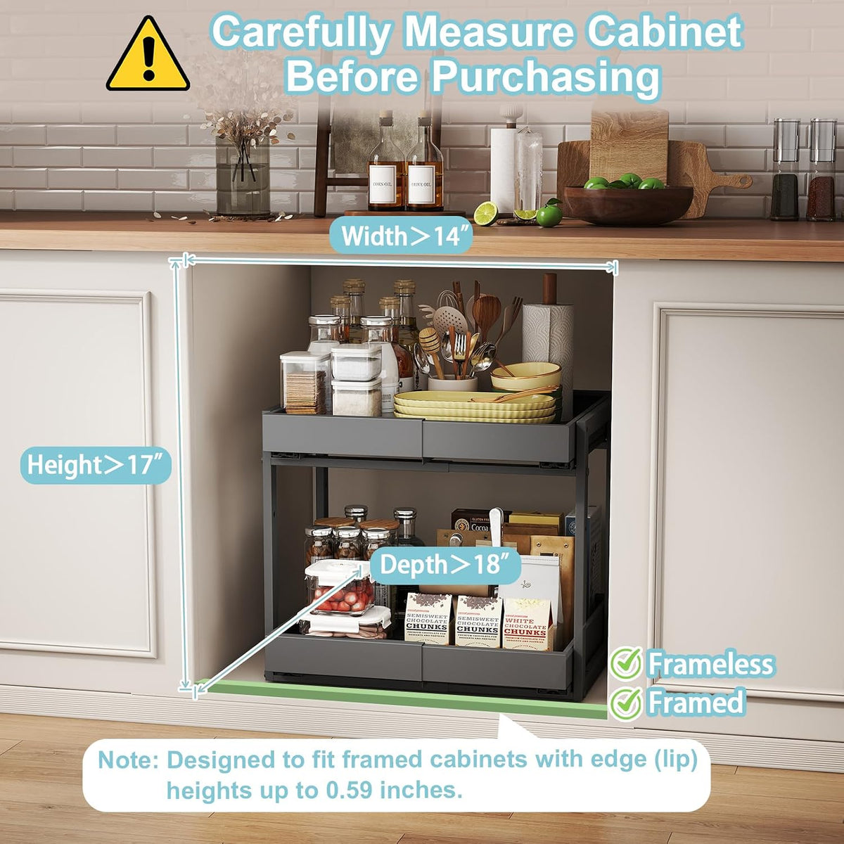 2-Tier Expandable Pull Out Cabinet Organizer, 16"D, Black