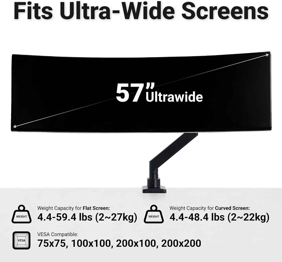 Hexcal Heavy Duty Monitor Arm for 57" Ultrawide Screens, Support up to 59.4 lbs, Full Motion Desk Mount with Quick Release VESA (75/100/200mm), C-Clamp & Grommet Base, Space-Saving Design