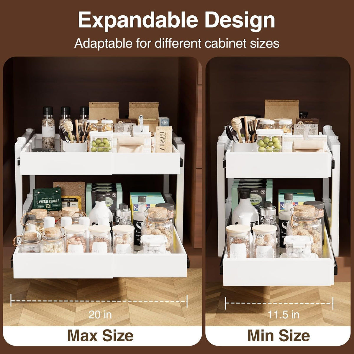 2-Tier Expandable Pull Out Cabinet Organizer, Heavy Duty Adjustable Width Metal Slide Out Shelf, No Screw Cabinet Storage Rack for Kitchen Bathroom 17in Depth Cabinet（White） - Field & Nook