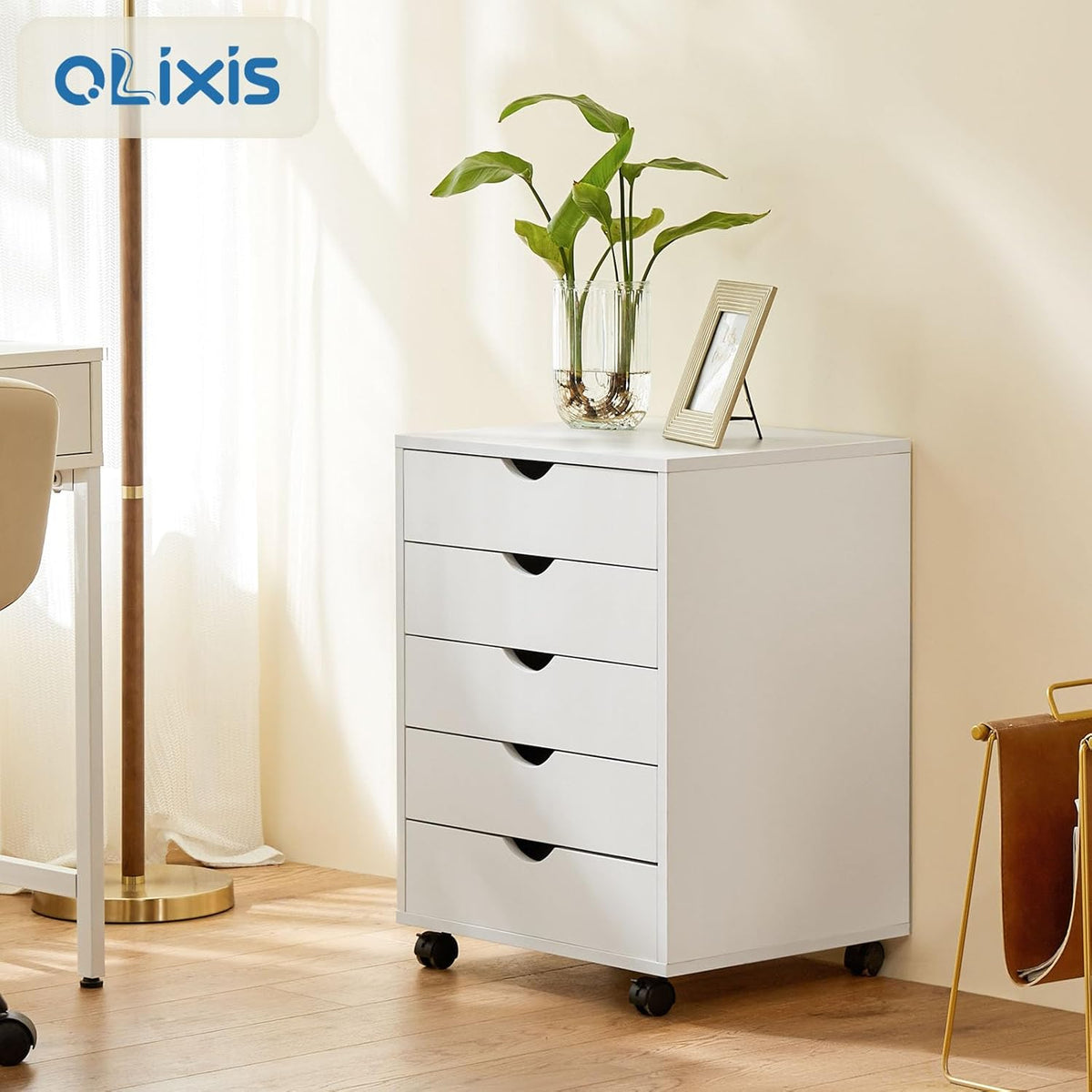 OLIXIS 5 Drawer File Cabinet on Wheels, Printer Stand | Fits Under Desks, Wood Storage Organization Holds Printer, Office Supplies, Not For Hanging Files, For Home Office Use White - Field & Nook