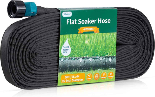 Hlinker Flat Soaker Hose 50 FT for Garden Beds, 50Ft 1/2" Linkable Consistent Drip Irrigation Hose Save 80% Water, Leakproof Heavy Duty Double Layer Sprinkler Hose