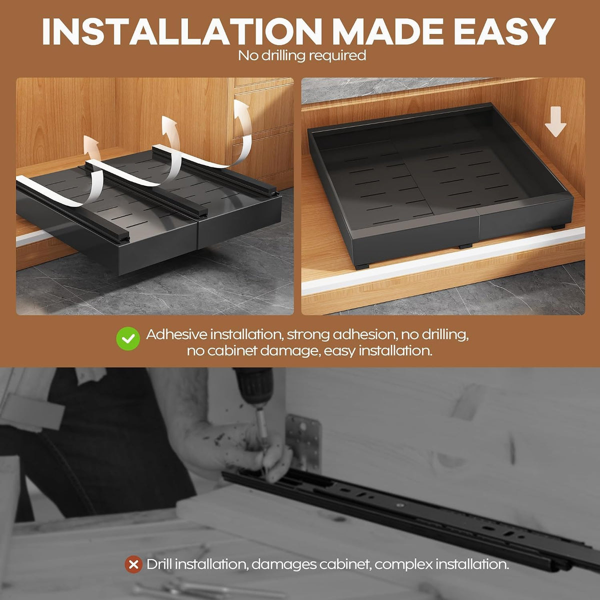 Seinloes 2Pack Expandable Pull Out Cabinet Organizer 21"Deep with Raising Pad for Framed Cabinets, Upgrade 3 Slide Rails Slide Out Drawers, Roll Out Shelves Adhesive,Adjustable Width 12.05"-20.4"Black - Field & Nook