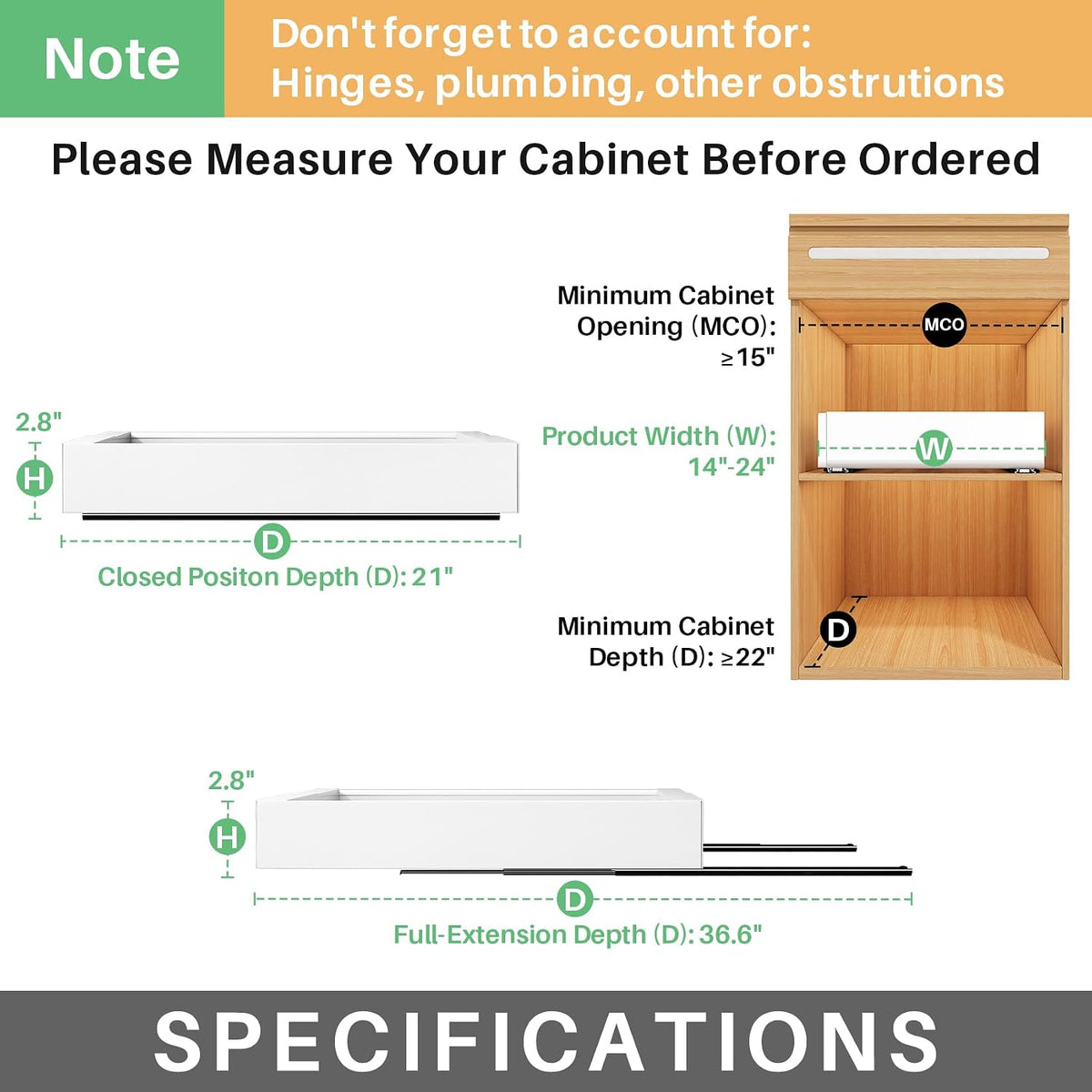 Pull out Cabinet Organizer, Wider Expandable(14"-24") Heavy Duty Slide out Drawers Fixed with Adhesive Nano Film for Pots, Roll out Shelf Storage for Kitchen Cabinet Organization(White-1pc)(3 Rails) - Field & Nook