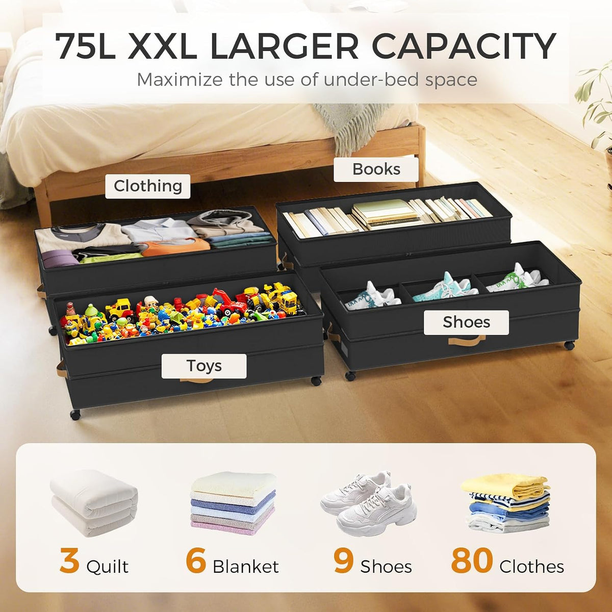 75L 2 Pack Adjustable Under Bed Storage with Wheels | Underbed containers with clear lids, rolling under bed shoe storage organizer for dorm home clothes, blankets, shoes, black - Field & Nook