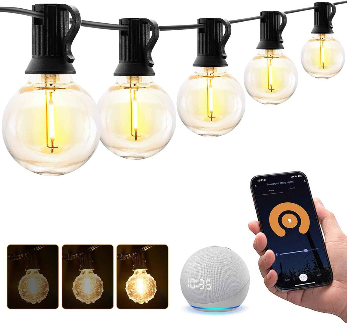 XMCOSY+ Smart Outdoor String Lights, 75Ft G40 Globe Patio Lights with 34 Dimmable LED Bulbs, WiFi & APP Control, Work with Alexa, Extendable Waterproof LED String Lights for Outside, Porch, Backyard
