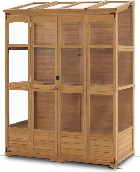 MCombo Wooden Greenhouse, Walk-in Outdoor Greenhouse with Openable Roof and Lockable Door, 0899 (Natural)