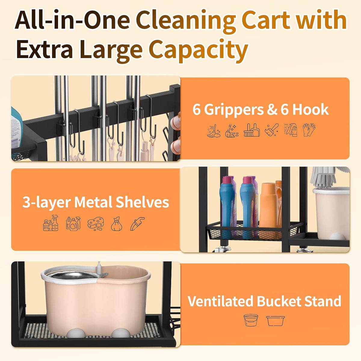 Broom Holder with Cleaning Supplies Organizer, 30.7"Wx11.8"Dx34.6"H | Load 350 LBS, Cleaning Cart with Wheels, 3-Tier Shelves, 6 Mop Hanger Grippers & 3 Double-Hooks, Vacuum Stand for Laundry - Field & Nook