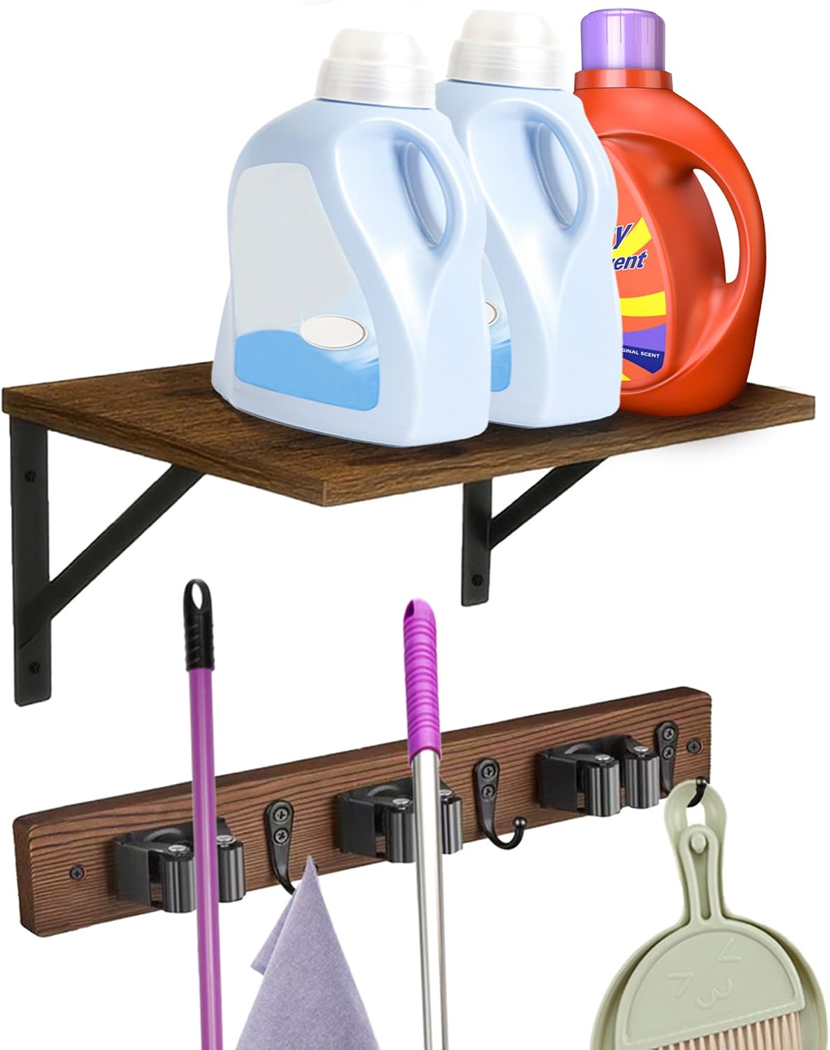 Broom and Mop Organizer Wall Hanging with Cleaning Supplies Organizer Shelf - Field & Nook