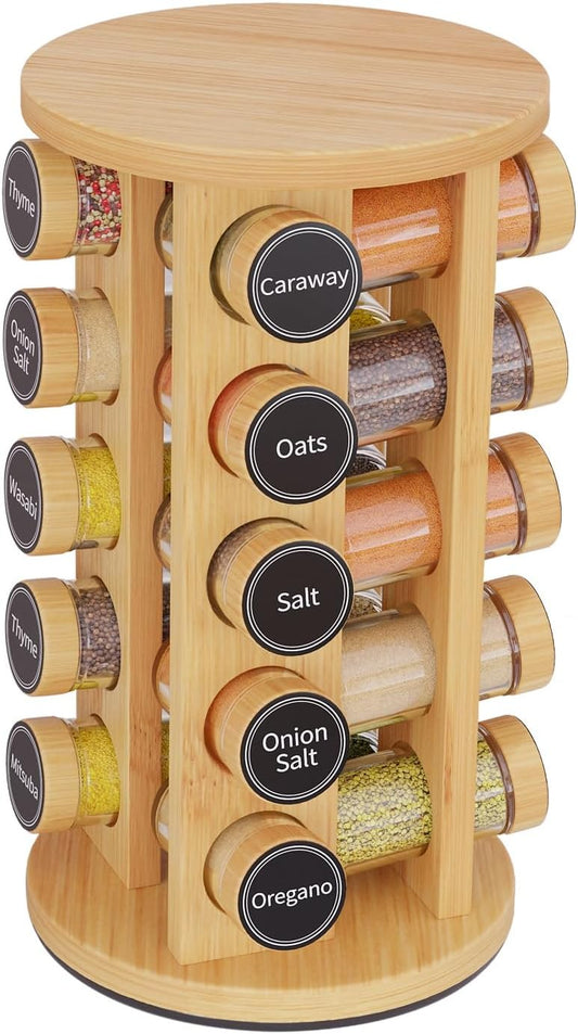 Revolving Spice Rack Set with 20 Spice Jars, Kitchen Spice Tower Organizer for Countertop or Cabinet - Carousel Storage Includes 386 Spice Labels (Bamboo) - Field & Nook