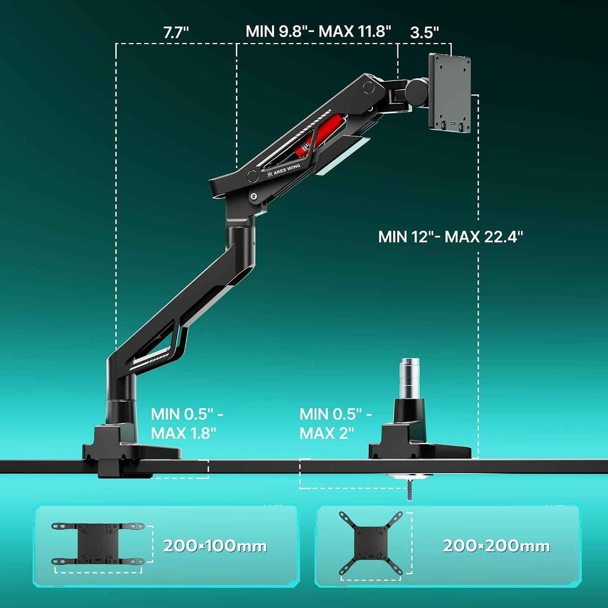 ARES WING Ultrawide Gas Spring Monitor Arm 57"66Lbs VESA Clamp Grommet Base | Height Adjustable & Extendable, Ultrawide Screen Support, Standard VESA Fit, Clamp & Grommet Base, Ideal for Desktop Setup