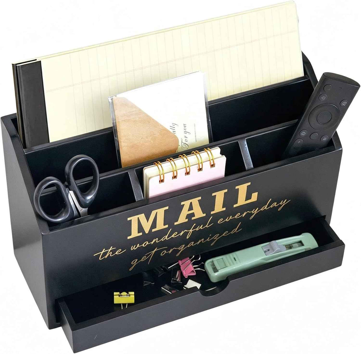 EXQUIDECA Wooden Black Rustic Countertop Mail Storage Holder with Drawer and Compartments - Office Desk Accessories and Workspace Organizers - Desktop Sorter for Pen Stationery Letter Files Documents