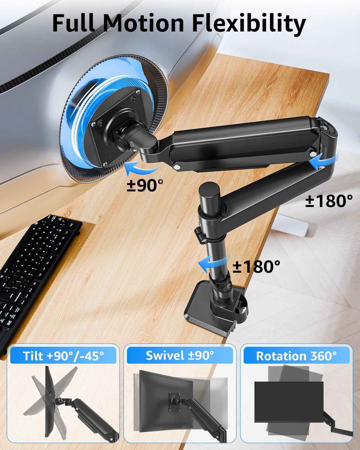 MOUNTUP Heavy Duty Monitor Arm Fits 49 45 42 40 39 34 32 Inch Screens, Ultrawide Monitor Arm Holds 4.4-44 lbs, Monitors Stand for Samsung Odyssey G9 and More, Height Adjustable Mount, VESA Mount