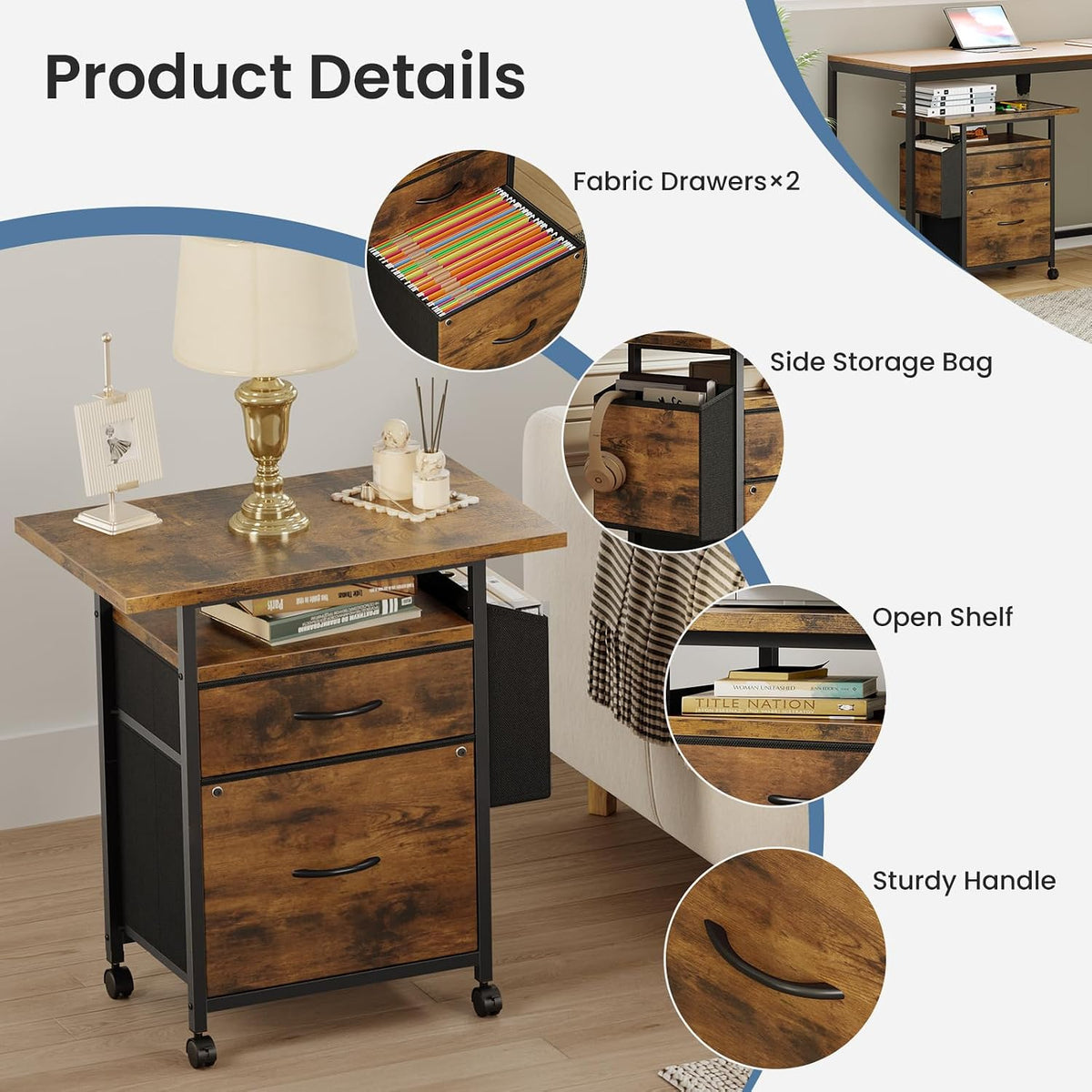 DUMOS 2 Drawer Mobile File Cabinet, Printer Stand with 24'' Wide Desktop | Fabric Drawer Cabinet Under Desk with Storage Side Bag,Rolling Printer Cart Not for Hanging Files for Home Office, Brown - Field & Nook
