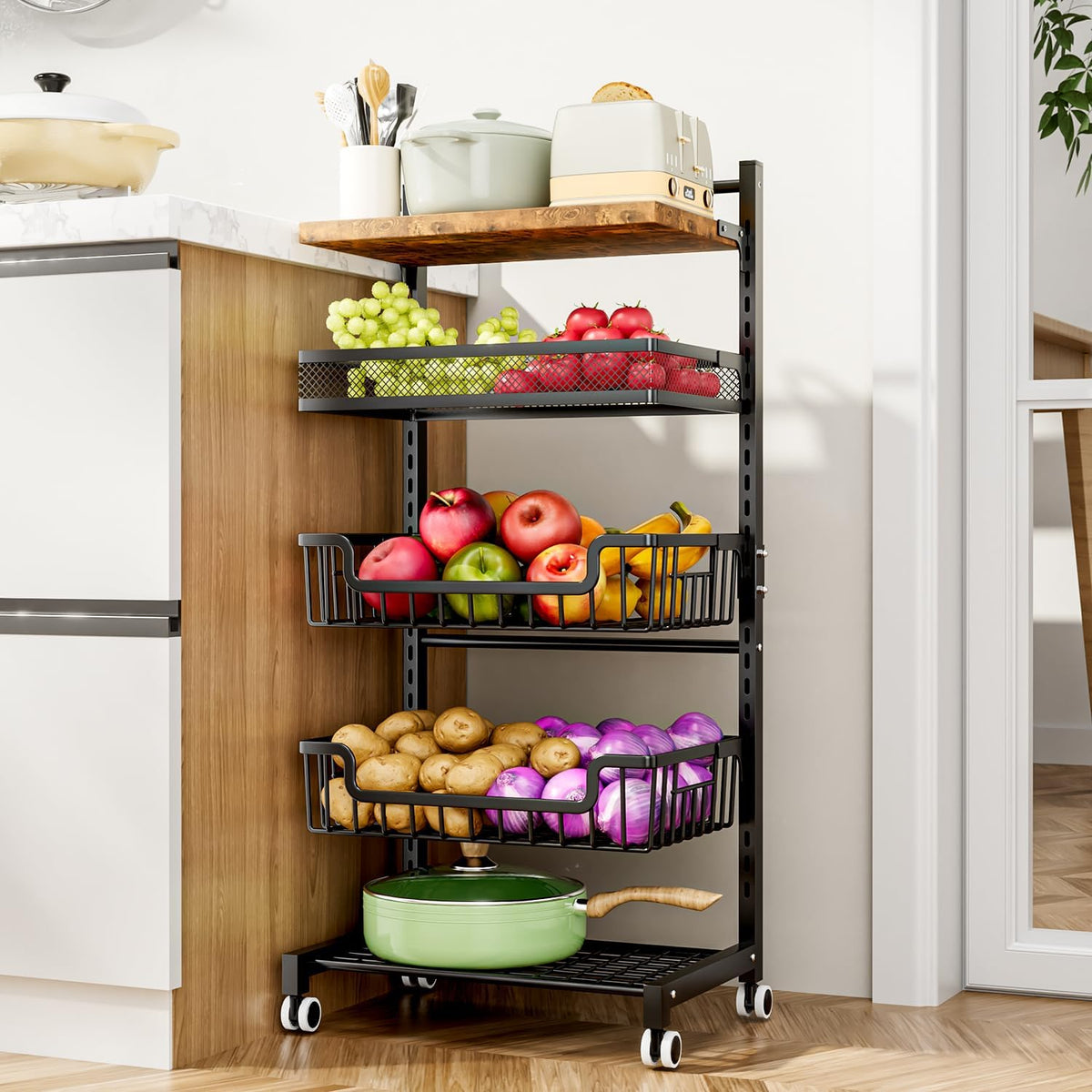 HapiRm Fruit Basket Kitchen Cart - Floor 5 Tier Adjustable Fruit and Vegetable Storage Rack, Large Capacity Rolling Kitchen Carts on Wheels for Pantry Snack Potato and Onion Storage - Field & Nook