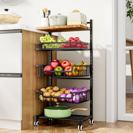 HapiRm Fruit Basket Kitchen Cart - Floor 5 Tier Adjustable Fruit and Vegetable Storage Rack, Large Capacity Rolling Kitchen Carts on Wheels for Pantry Snack Potato and Onion Storage - Field & Nook