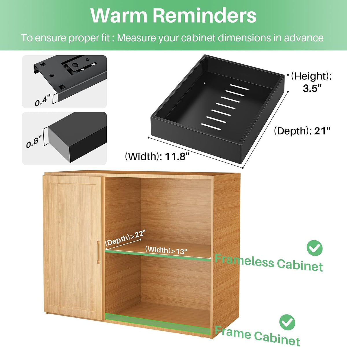 Pull out Cabinet Organizer, 21"Deep, 11.8"Wide Full-Extension Heavy Duty Slide out Drawers with Nano Adhesive, Roll Out Shelves Sliding Cabinet for Kitchen, Bathroom, Pantry,Under Sink Storage(Black) - Field & Nook