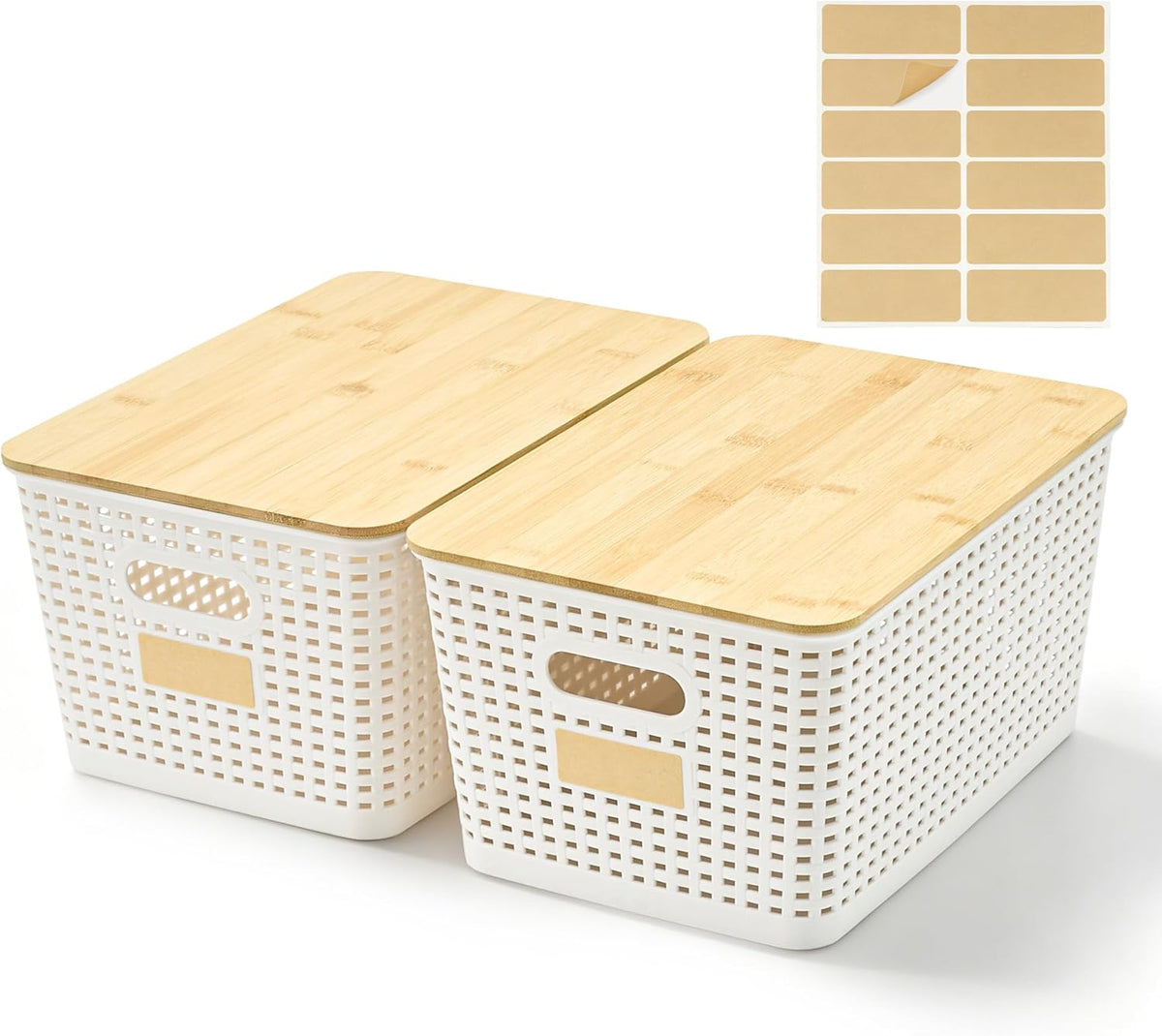 2 Pack Tall Plastic Storage Bins with Bamboo Lids, 10.8qt Stackable Storages Baskets for Organizing Desktop Closet Playroom Classroom Office, 12"L x 8.3"W x 6.1"H, Cream White - Field & Nook