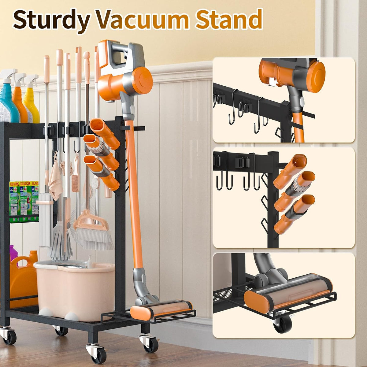 Broom Holder with Cleaning Supplies Organizer, 30.7"Wx11.8"Dx34.6"H | Load 350 LBS, Cleaning Cart with Wheels, 3-Tier Shelves, 6 Mop Hanger Grippers & 3 Double-Hooks, Vacuum Stand for Laundry - Field & Nook