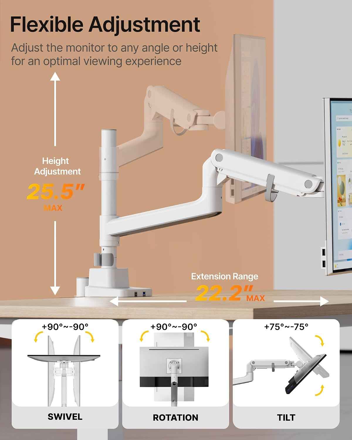 monTEK Ultrawide Monitor Arm Max 57",Height Adjustable 8.1"-25.5",White | Fits 17–57" Curved Monitors, Up to 59.4 lbs,Heavy Duty 75/100 VESA Monitor Stand,No Sag,Gaming & Office Workstation