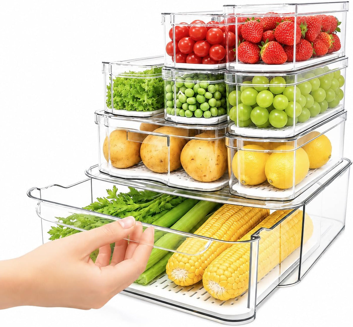 SMRCAD Fridge Organizers and Storage, 8 Pack Clear Freezer Organizer Bins with Lids for Kitchen, Pantry, Refrigerator, Food, Fruit, Vegetable Storage (8 Bins (Include Pull Out Drawer)) - Field & Nook