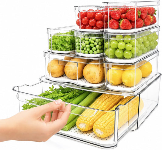 SMRCAD Fridge Organizers and Storage, 8 Pack Clear Freezer Organizer Bins with Lids for Kitchen, Pantry, Refrigerator, Food, Fruit, Vegetable Storage (8 Bins (Include Pull Out Drawer)) - Field & Nook