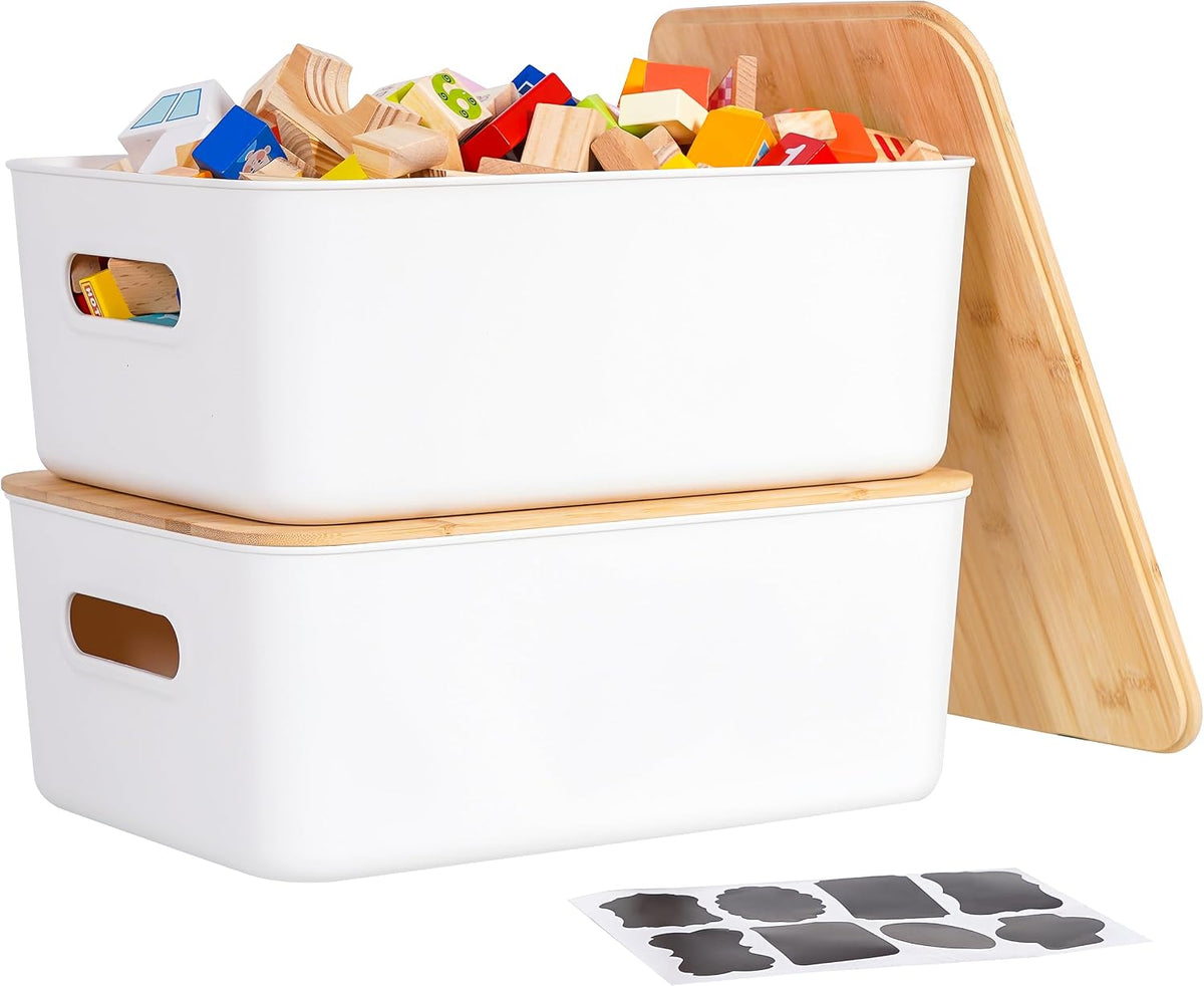 Citylife Storage Bins with Bamboo Lids 16QT Plastic Storage Containers Stackable Organizer Boxes with Handle for Desk Snacks, Toys, 2 PCS, 15" L x 10.6" W x5.8 H - Field & Nook