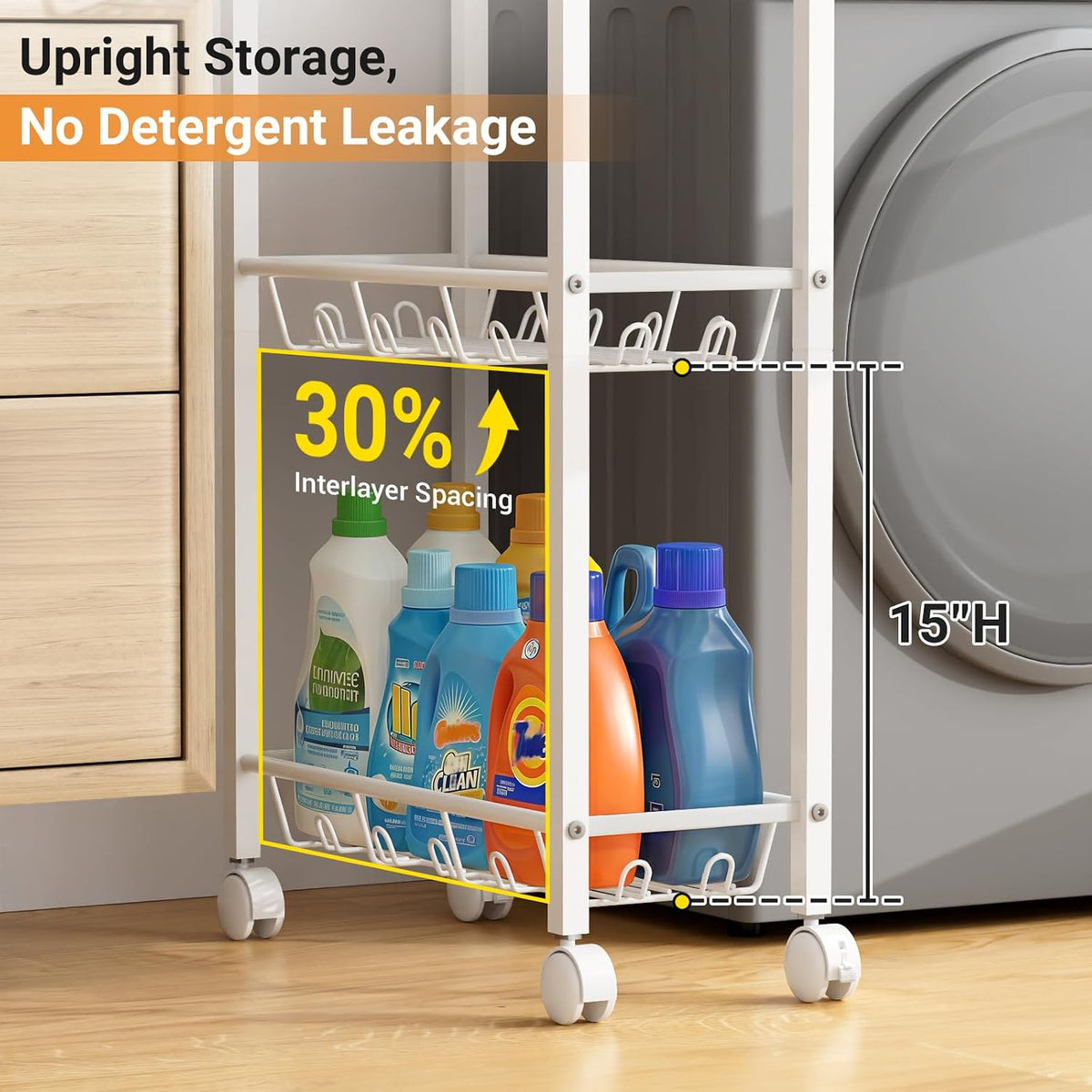 AOODA Laundry Room Cart with Top Detergent Holder, Metal Rolling Storage Cart Between Washer and Dryer, 3 Tier Narrow Laundry Room Organization and Storage with Wheels (White) - Field & Nook