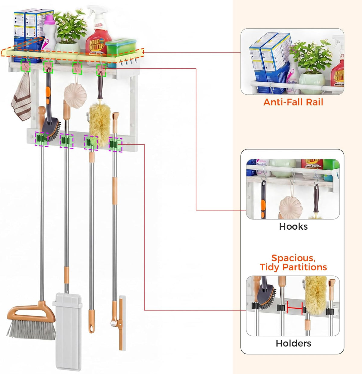 Broom Holder Wall Mount with Shelf – Broom Hanger with 4 Hooks – Broom Rack - Field & Nook