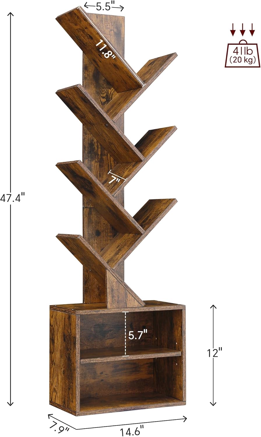 Six-Tier Tree Bookshelf – Narrow Corner Display with Cabinet