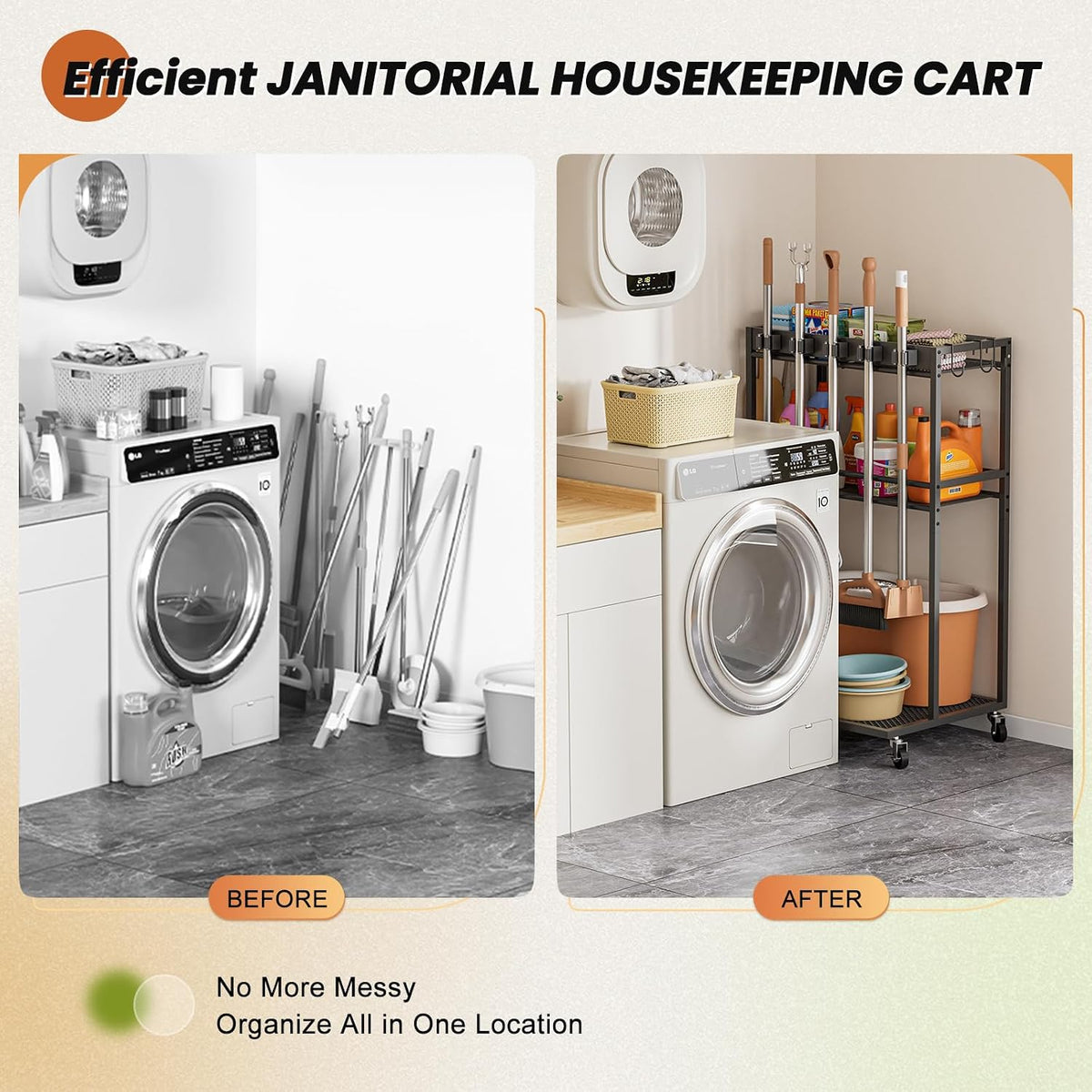 Broom Holder with Cleaning Supplies Organizer, Broom Closet Storage Cabinet with Mop Hanger Gripper Rack Hooks, Cleaning Housekeeping Janitorial Cart with Cleaning Caddy, Laundry Room Organization - Field & Nook