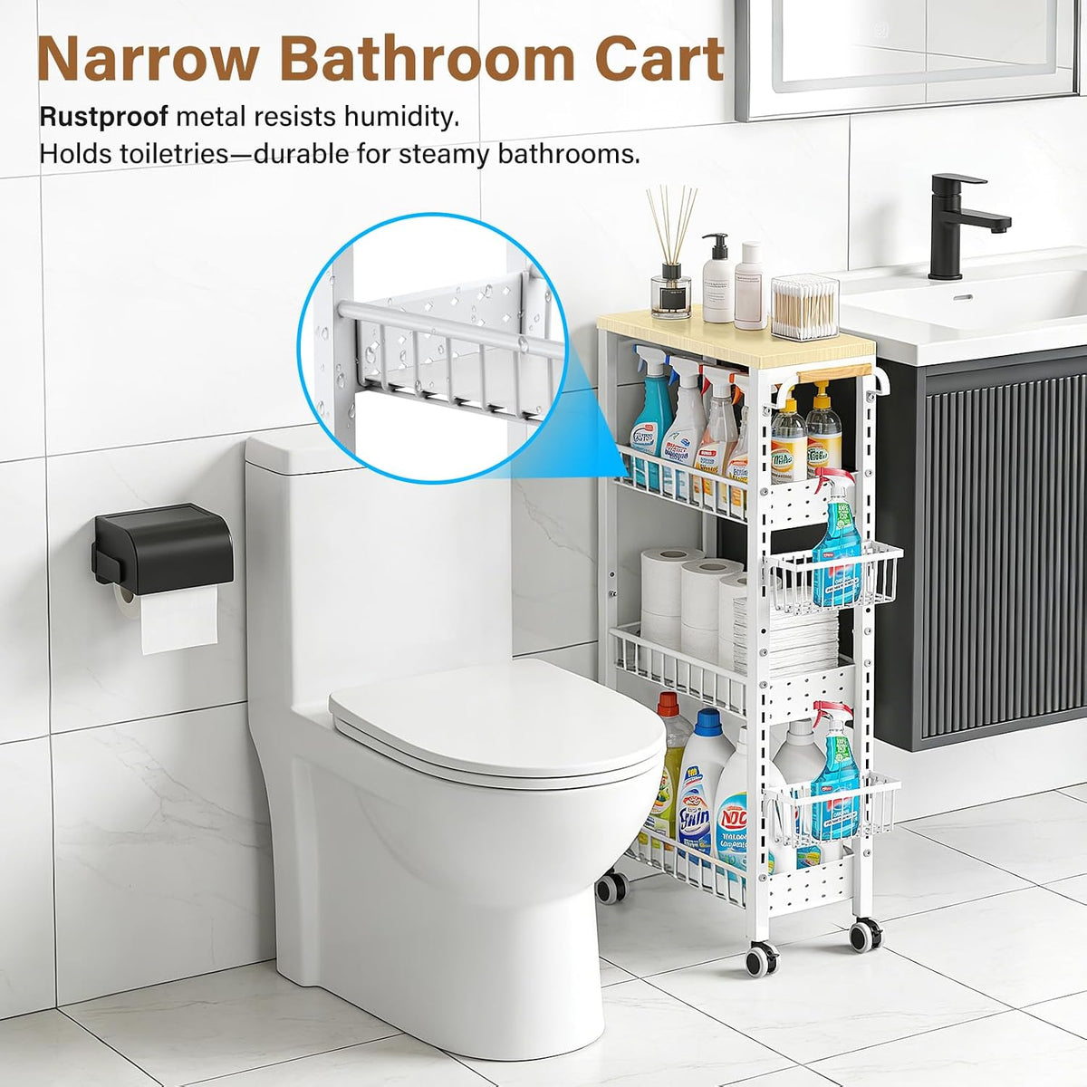 7.8 Inch Ultra-Slim 4-Tier Rolling Storage Cart with Adjustable Shelves - Field & Nook