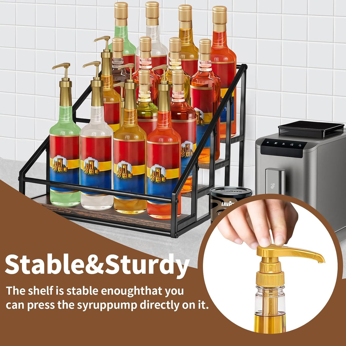 YQBRAO 4-Tier Coffee Syrup Organizer, 16-Bottle Rack, Rustic Brown | Holds up to 16 bottles with stepped visibility; rustic wood and metal design for syrups, kitchens, and home coffee bars. - Field & Nook
