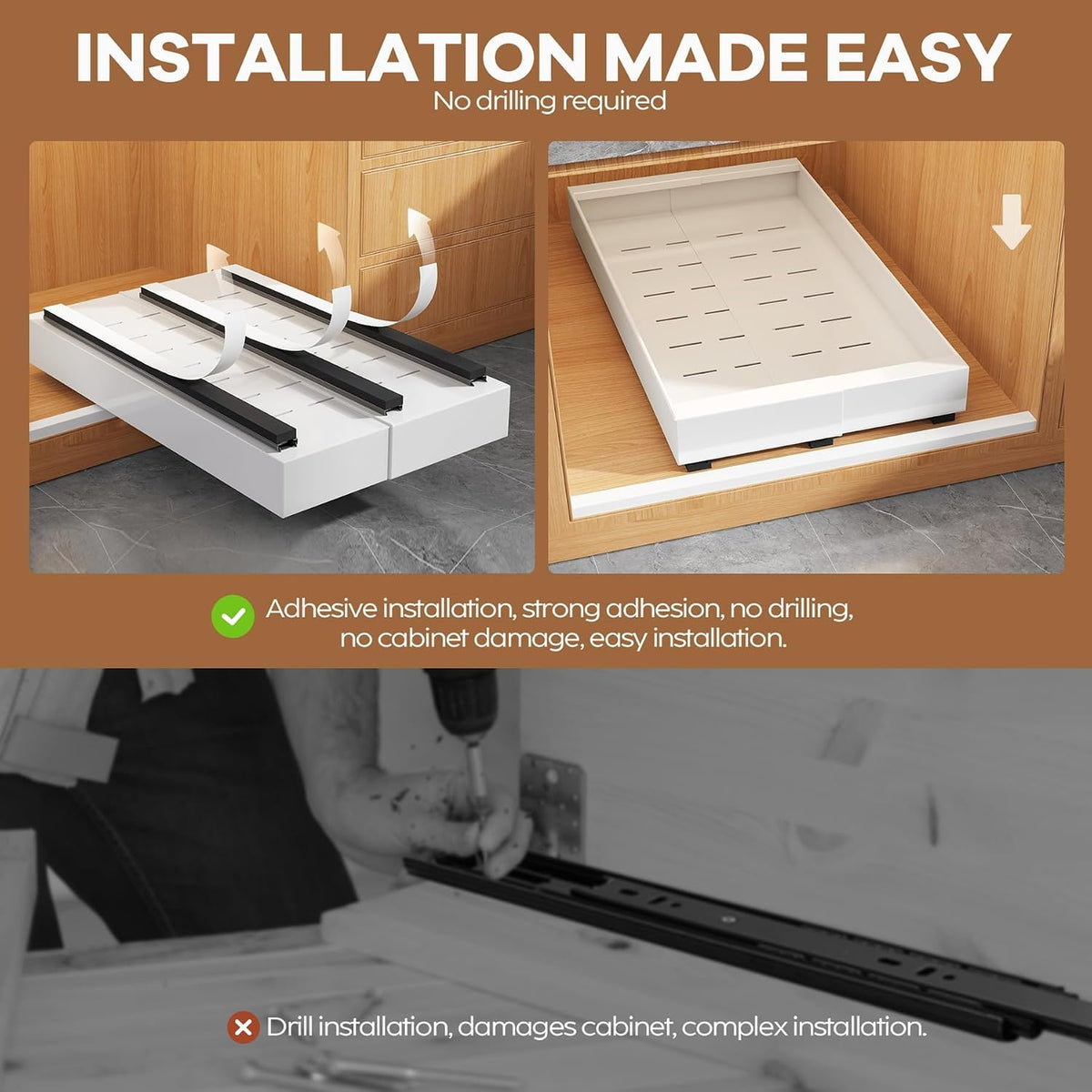 Seinloes 2 Pack Expandable (9"-14") Pull Out Cabinet Organizer 21" Deep With Raising Pad for Framed Cabinets,Upgrade 3 Slide Rails Slide Out Drawers,No Drill Roll Out Shelves Adhesive,White - Field & Nook