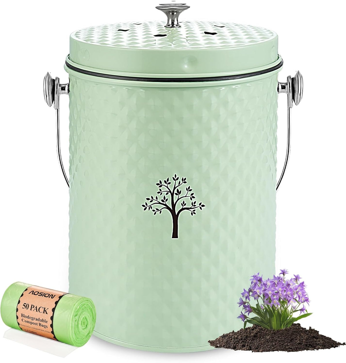 AOSION Countertop Compost Bin Kitchen，Odorless Indoor Compost Bin with Lid and Compost Bags,Compost Bucket Composter Container for Food Waste,Green