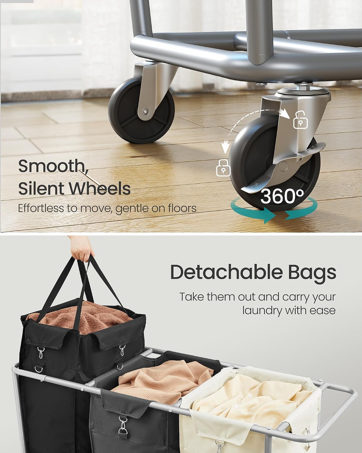 290L 3-Section Steel-Frame Rolling Laundry Hamper - Field & Nook