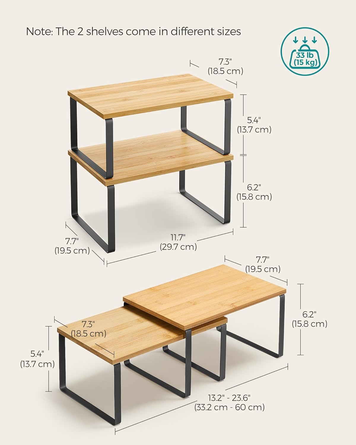 SONGMICS Cabinet Organizer Shelf, Set of 2 Kitchen Counter Shelves, Kitchen Storage, Spice Rack, Stackable, Expandable, Metal and Engineered Wood, 11.7 Inches, Ink Black and Natural Beige UKCS02NB - Field & Nook