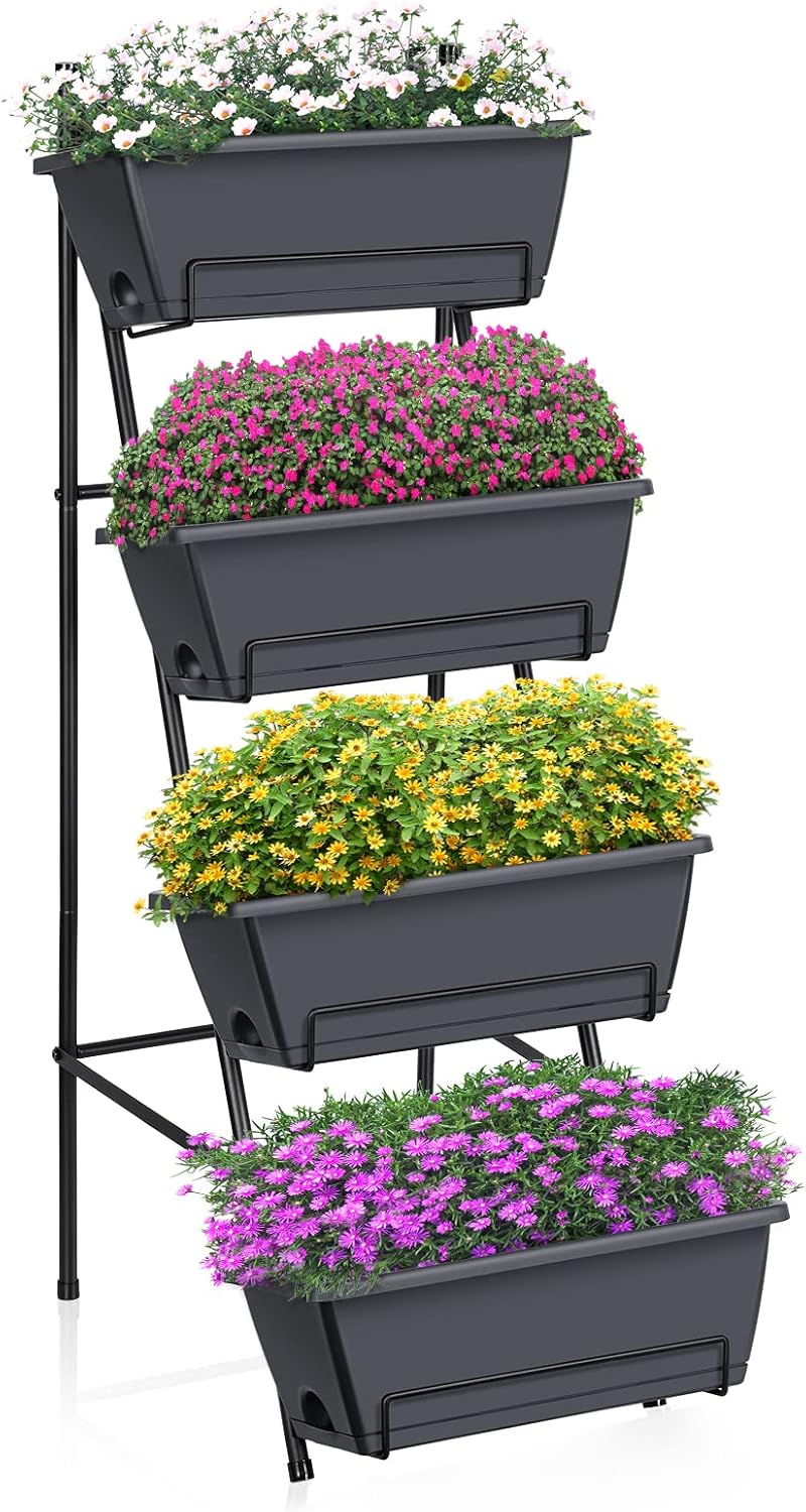 OYEAL Raised Garden Bed 4 Tier Vertical Garden Planter Indoor Outdoor Raised Planter Box with Legs Elevated Herb Garden Planters for Flowers Vegetables Plants, Grey