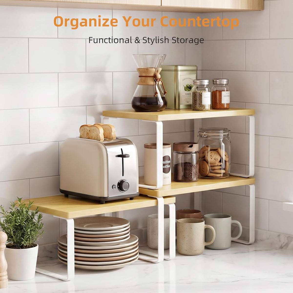 LAMU Cabinet Organizer Shelf, Set of 4 Expandable Kitchen Counter Shelve Plate Organizer for Cabiner, Stackable Spice Rack, CupBoard Organizers and Storage, Wood - Field & Nook