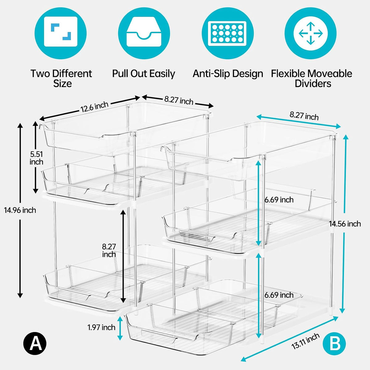 Delamu 2 Sets of 3-Tier Bathroom Under Sink Organizers and Storage, Multi-Purpose Stackable Pantry Organization and Storage, Pull Out Clear Kitchen Bathroom Cabinet Organizer with Movable Dividers | Storage - Field & Nook