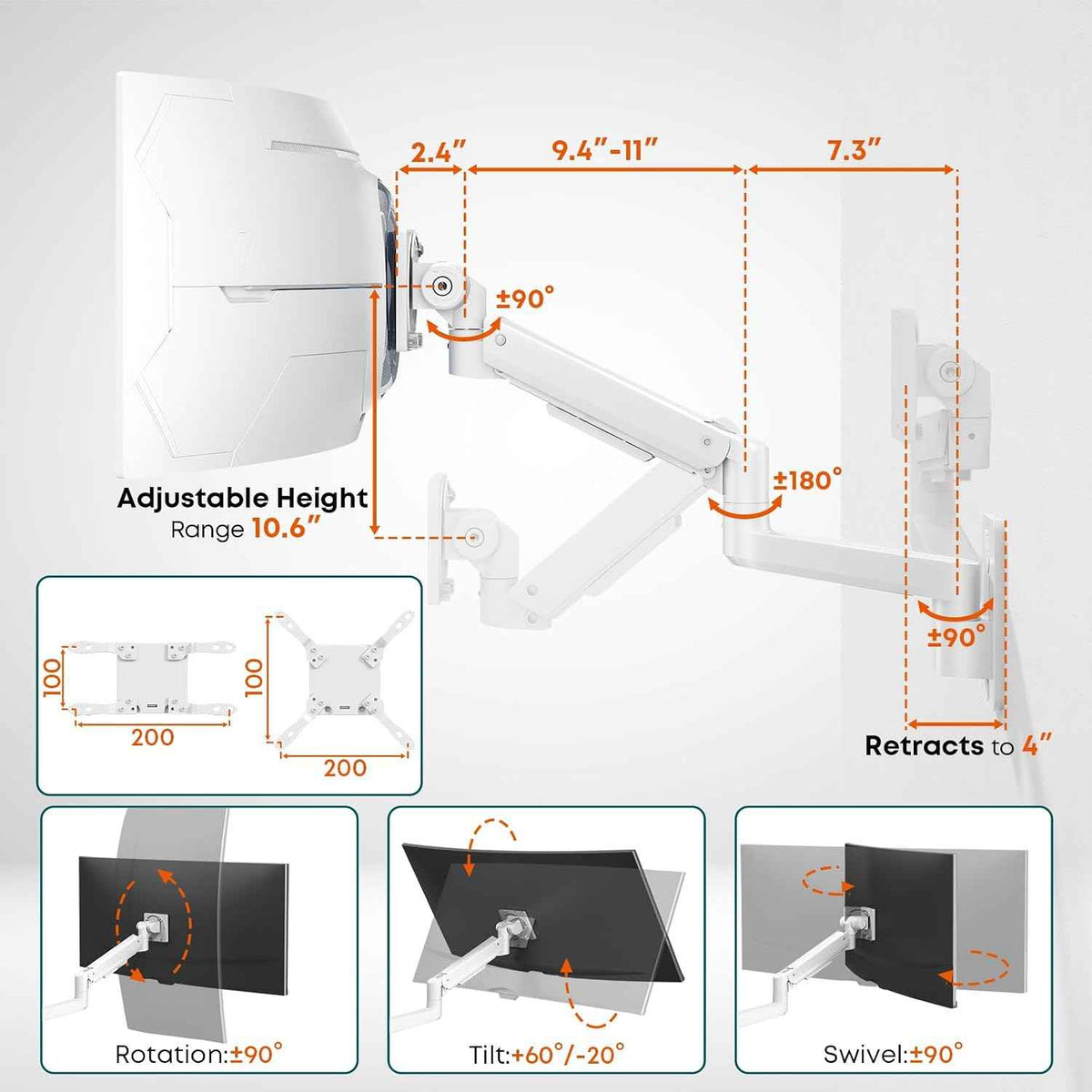 PUTORSEN Ultrawide Monitor Wall Mount - Heavy Duty Monitor Arm for Screen up to 57 inches and 44 lbs with Gas Spring, Full Motion Adjustable, Max VESA 200x200