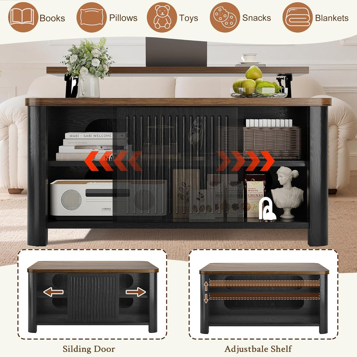 Decofy Lift Top Coffee Table with Storage and Shelves